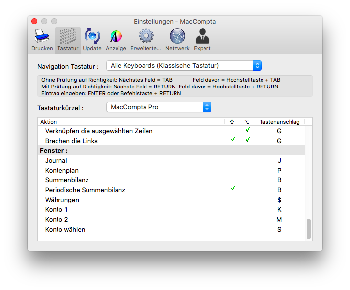 Tastenkürzeln Einstellungen